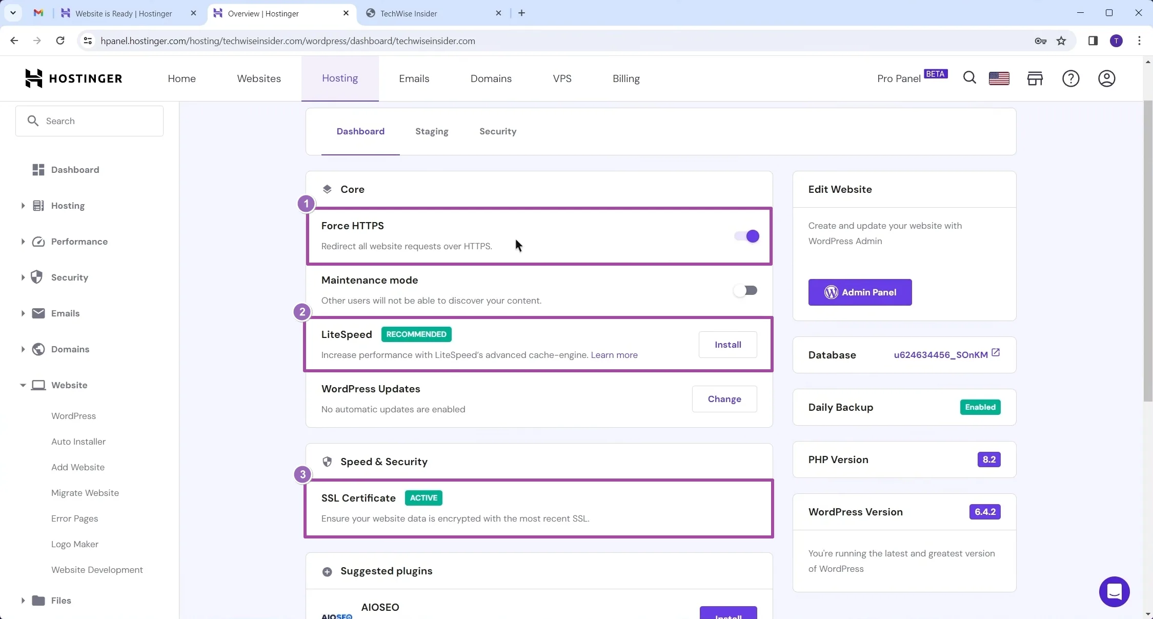 Hostinger - Force HTTPS - LiteSpeed Cache Plugin - SSL Certificate
