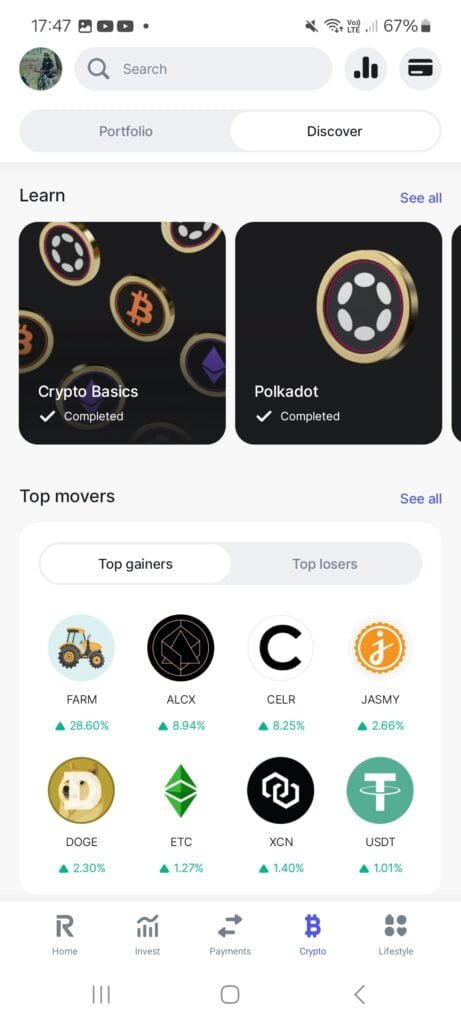 Revolut - Cryptocurrencies Discover Page