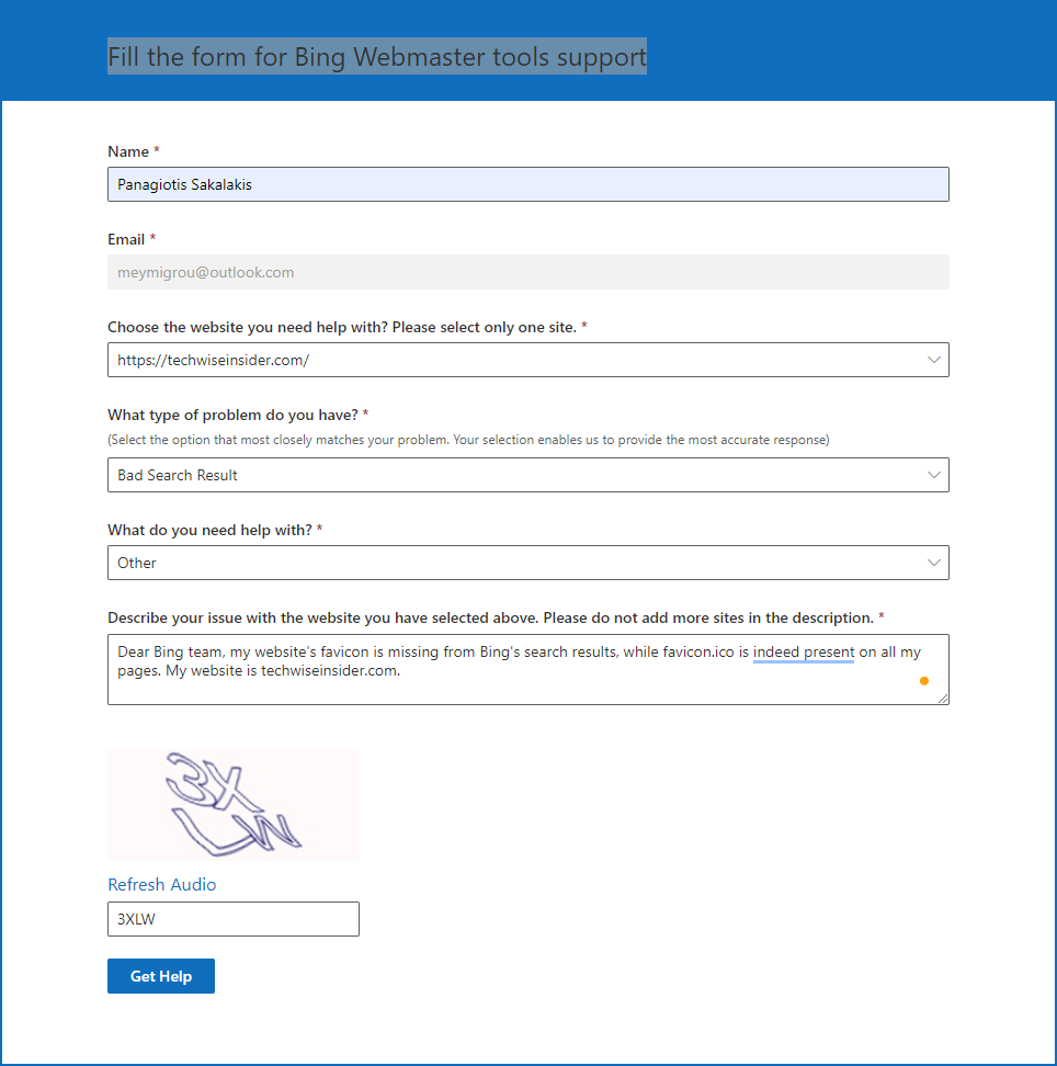 Fill the form for Bing Webmaster tools support