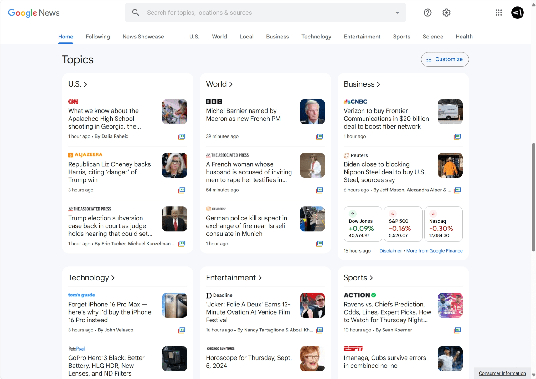 Google News - Topics on Homepage