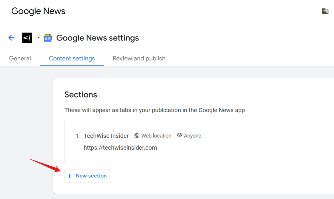 Google Publisher Center - Add New Section