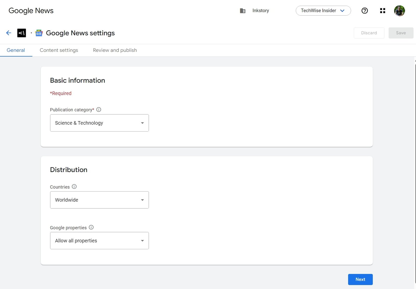 Google Publisher Center - Publication Settings