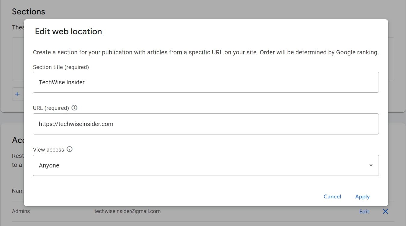 Google Publisher Center - Web Location Settings