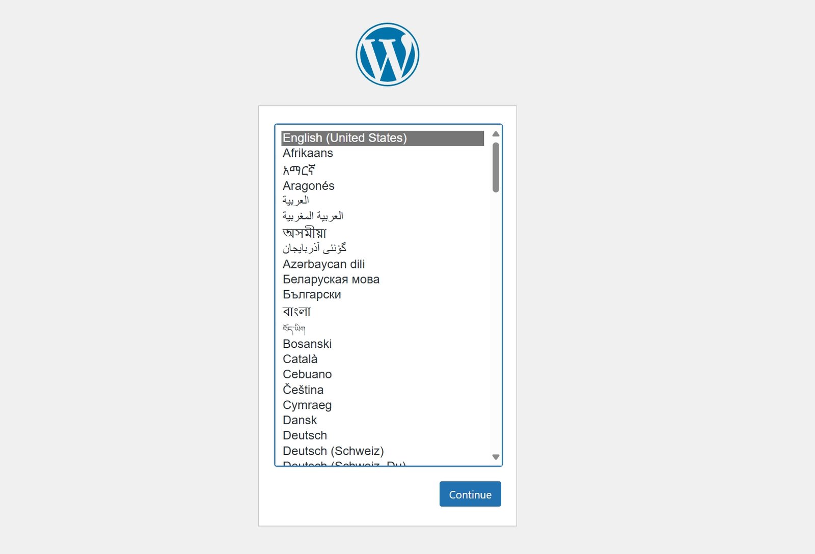 Installing WordPress - Selecting a Language