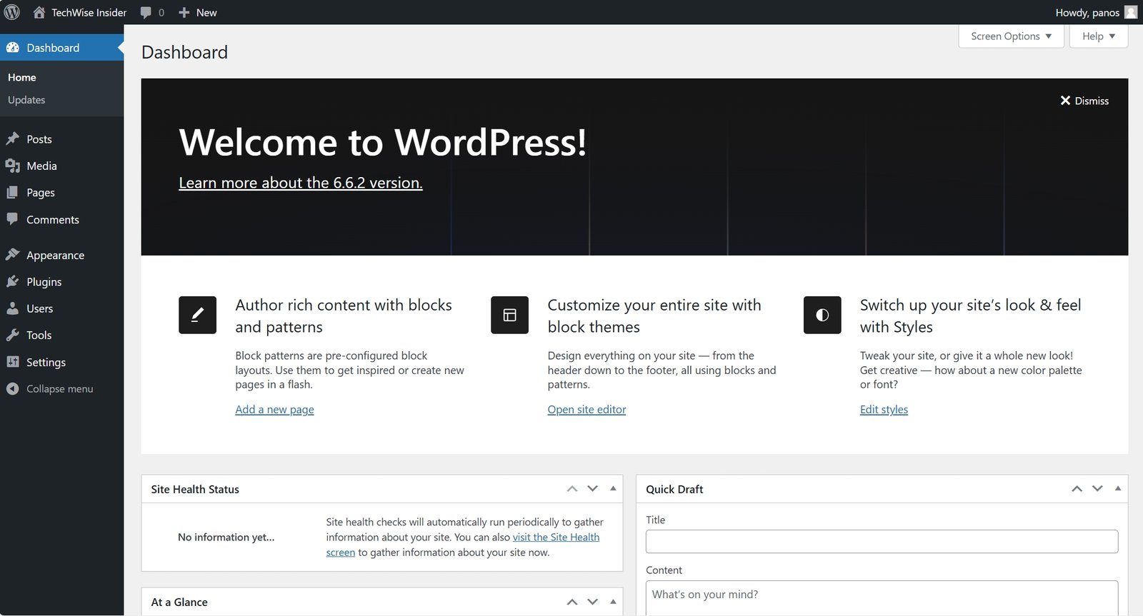 WordPress Dashboard - Welcome Page