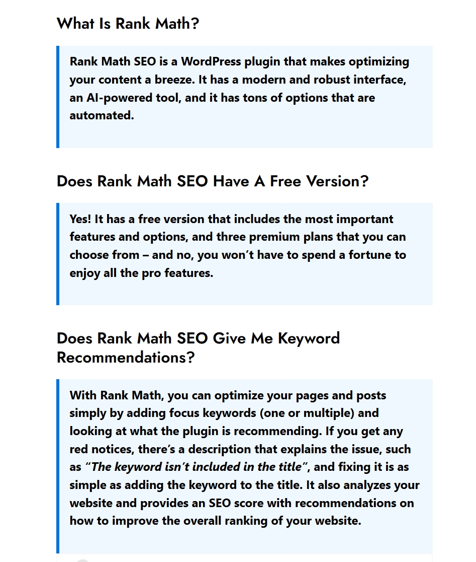 Rank Math SEO - Bold Colored Border Left FAQ