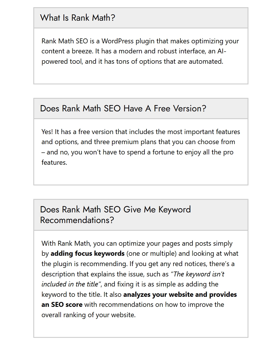 Rank Math SEO - FAQ Accordion Look (Static)