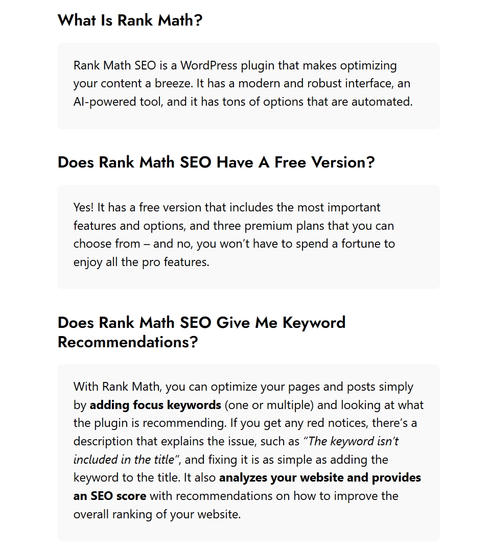 Rank Math SEO - Minimal FAQ Block with Grey Background