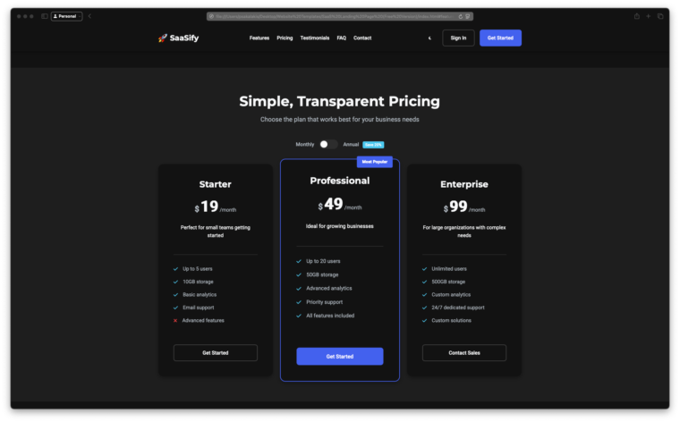 SaaSify - Pricing Table Dark