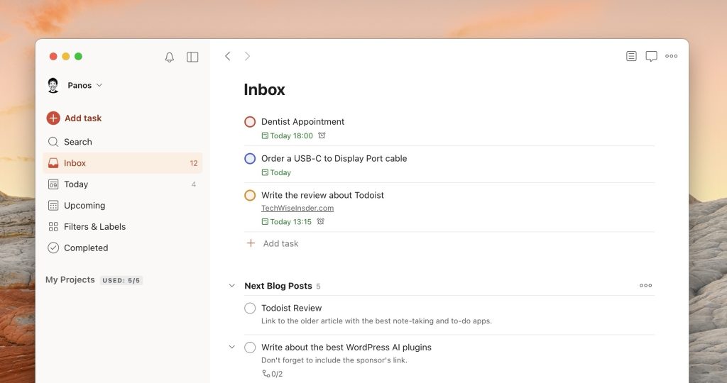 Todoist running on macOS Tahoe 26.0.1