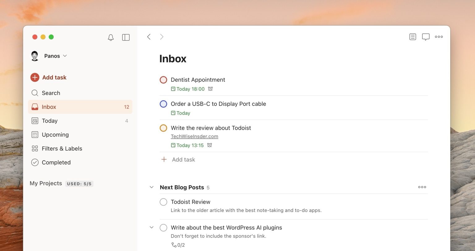 Todoist running on macOS Tahoe 26.0.1