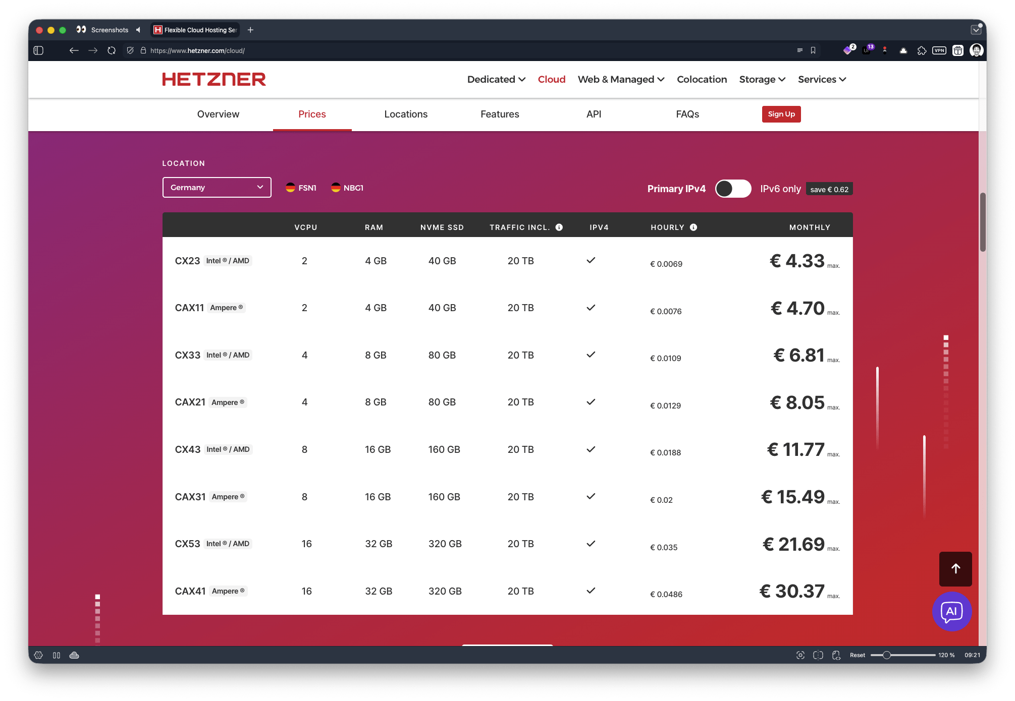 Hetzner - Cloud Hosting Pricing