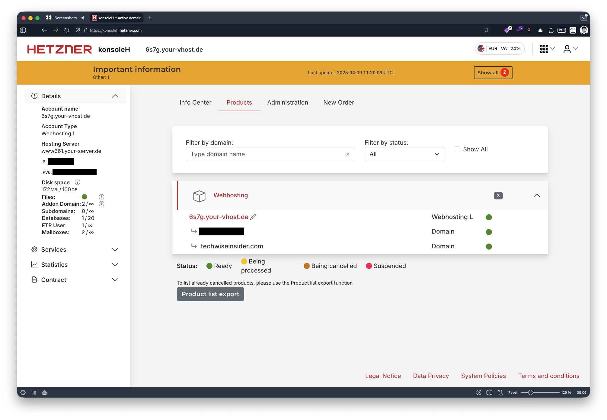 Hetzner - KonsoleH for Web Hosting and Domain Management